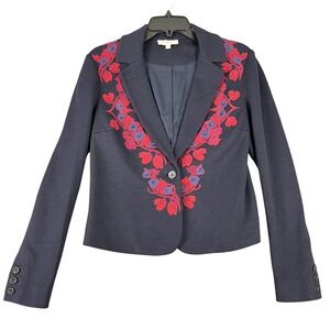 Tory Burch Blazer Womens Small Navy Blue Wool Blend Floral Cropped Quiet Luxury